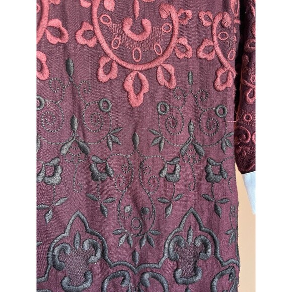 Topshop Embroidered Shift Dress Size 12 Burgundy 3/4 Sleeve Peter Pan Collar - Picture 7 of 15